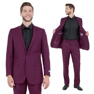 Mens 2-Piece Pick Stitch Suit, Slim-Fit Burgundy